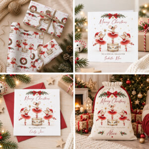 Personalised Christmas card and matching gift wrap with ballerina mice in red tutus and child’s name