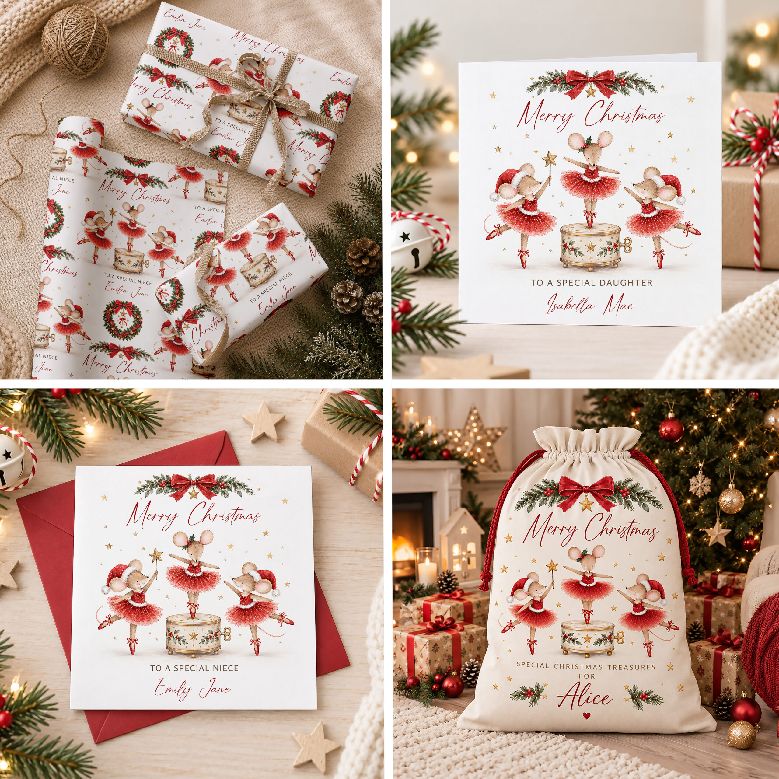 Personalised Christmas card and matching gift wrap with ballerina mice in red tutus and child’s name