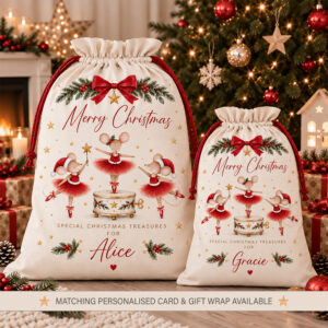 Personalised Christmas sack for girls with red ballerina mice, festive greenery and child’s name