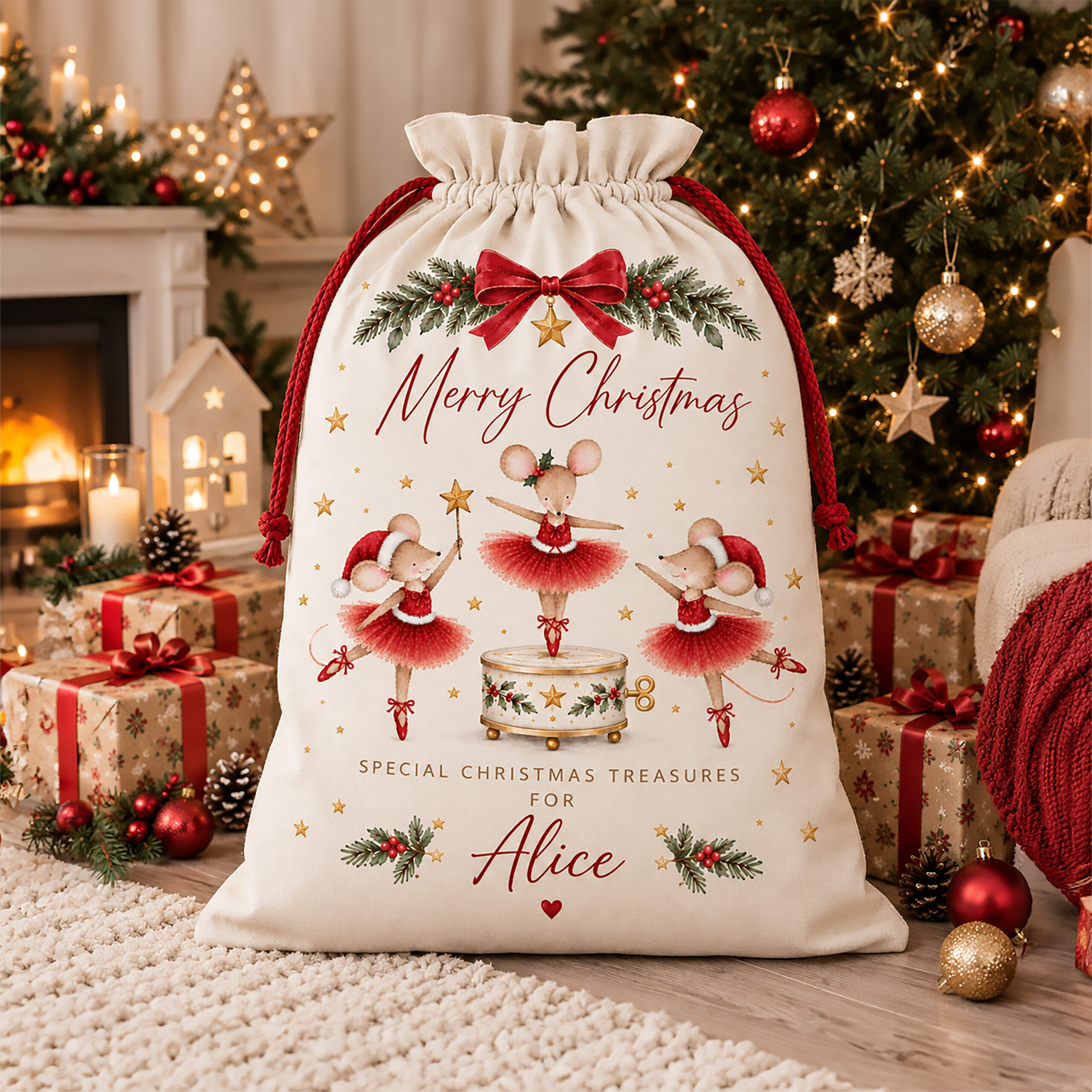 Girls personalised Christmas sack with dancing ballet mice in red tutus and name