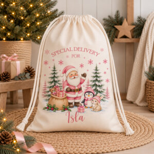 Personalised Christmas sack with pink Santa design and child's name