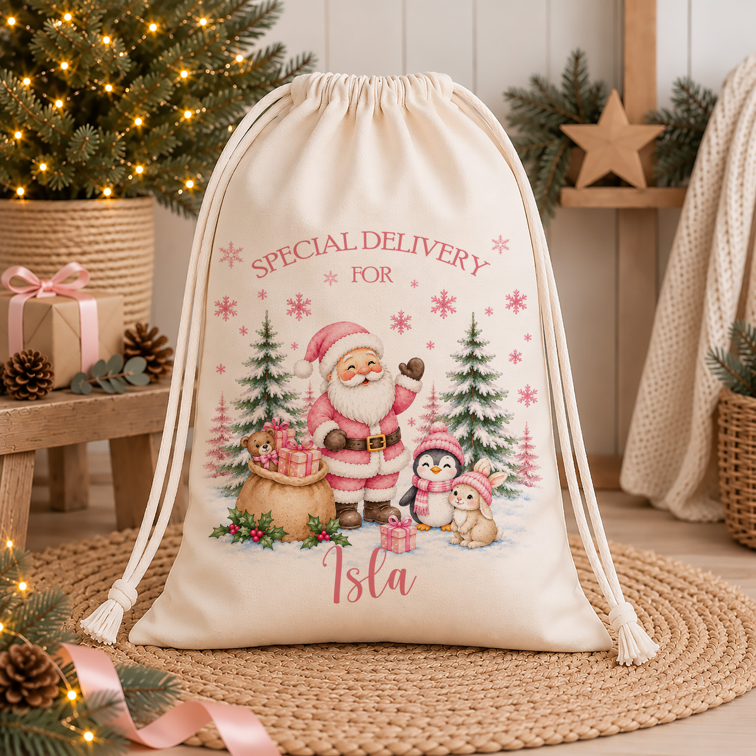 Personalised Christmas sack with pink Santa design and child's name