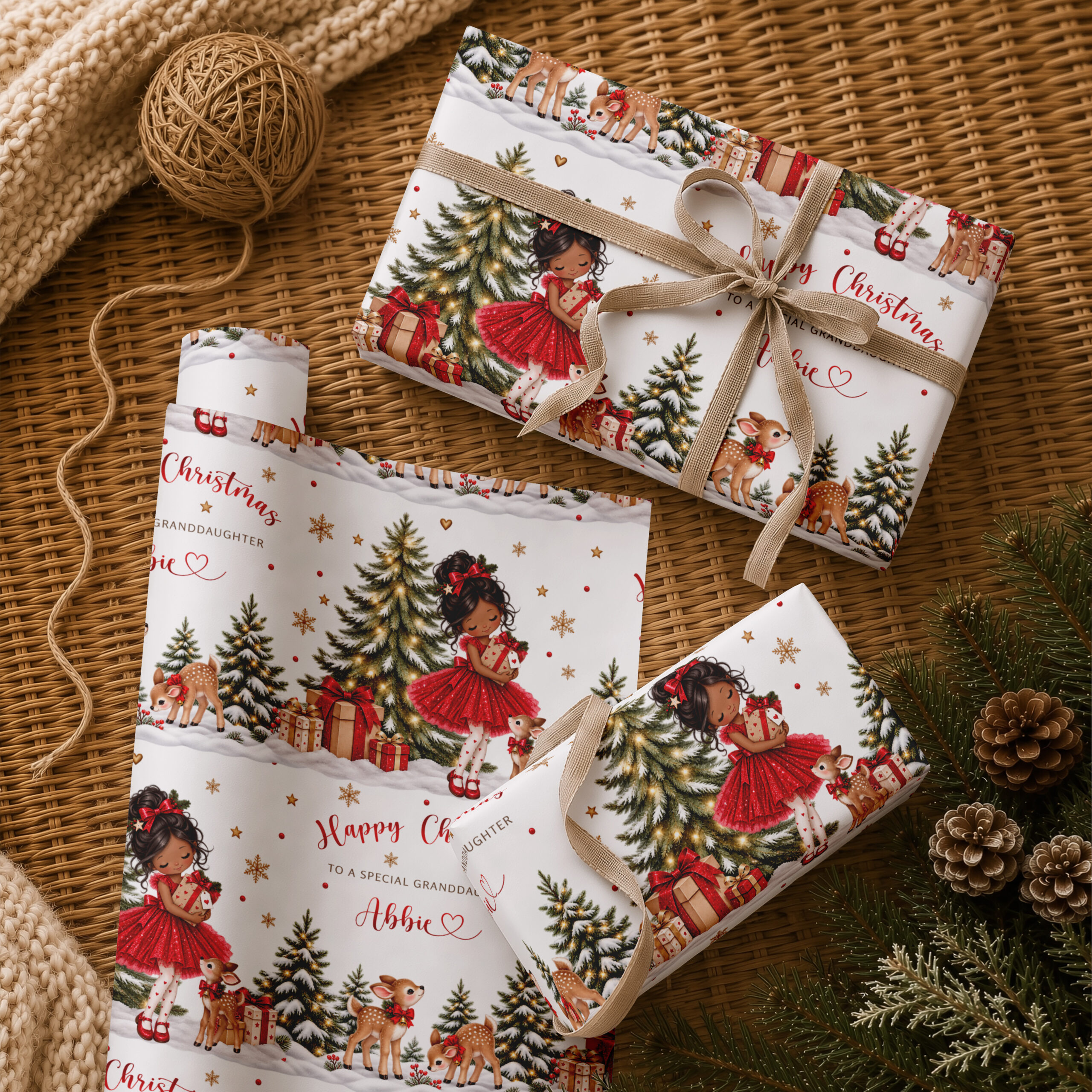 Personalised Christmas wrapping paper for girls with Christmas tree, girl in red dress and baby reindeer