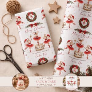 Personalised Christmas wrapping paper featuring festive mouse ballerinas in red tutus, Christmas wreaths, music boxes and delicate gold stars.