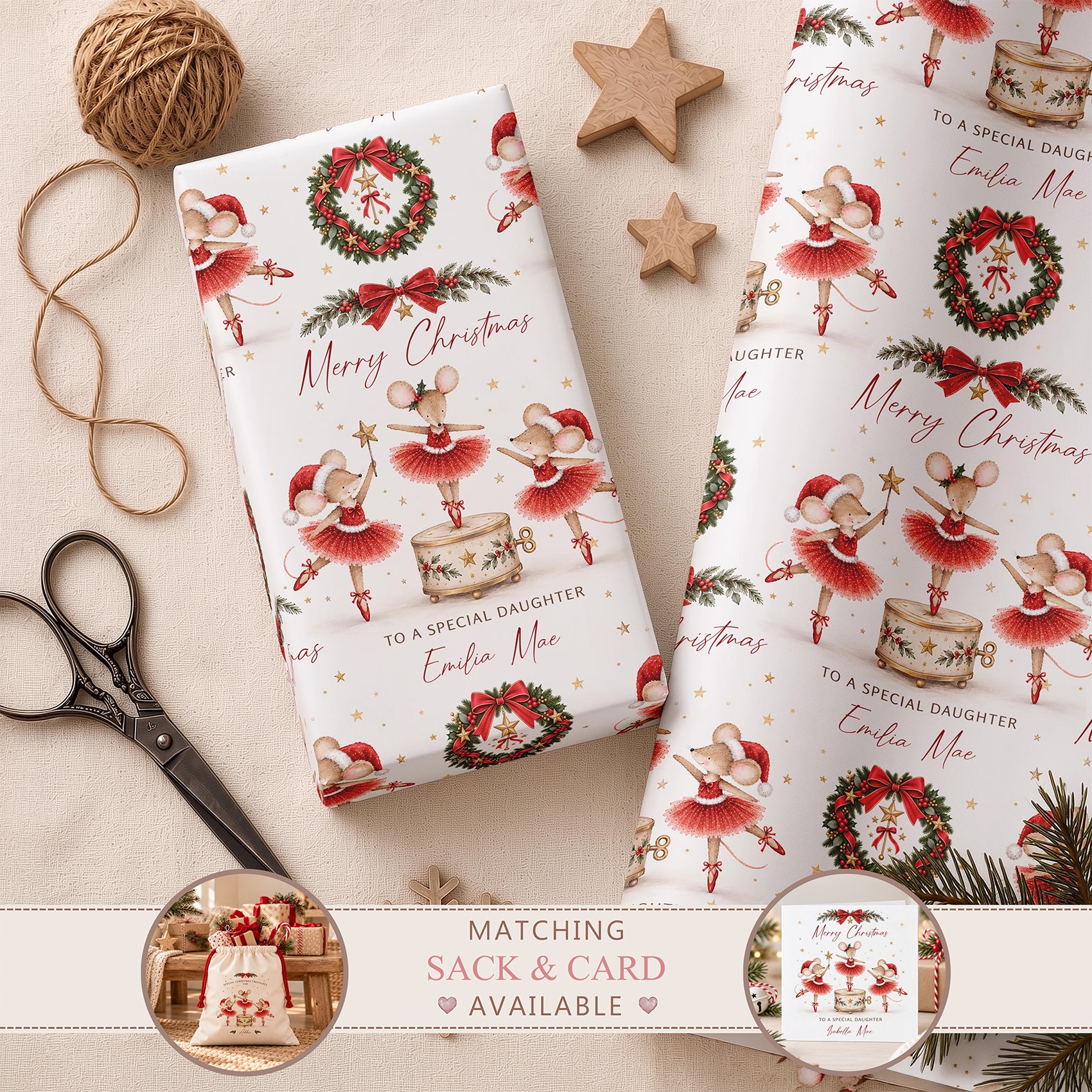 Personalised Christmas wrapping paper featuring festive mouse ballerinas in red tutus, Christmas wreaths, music boxes and delicate gold stars.
