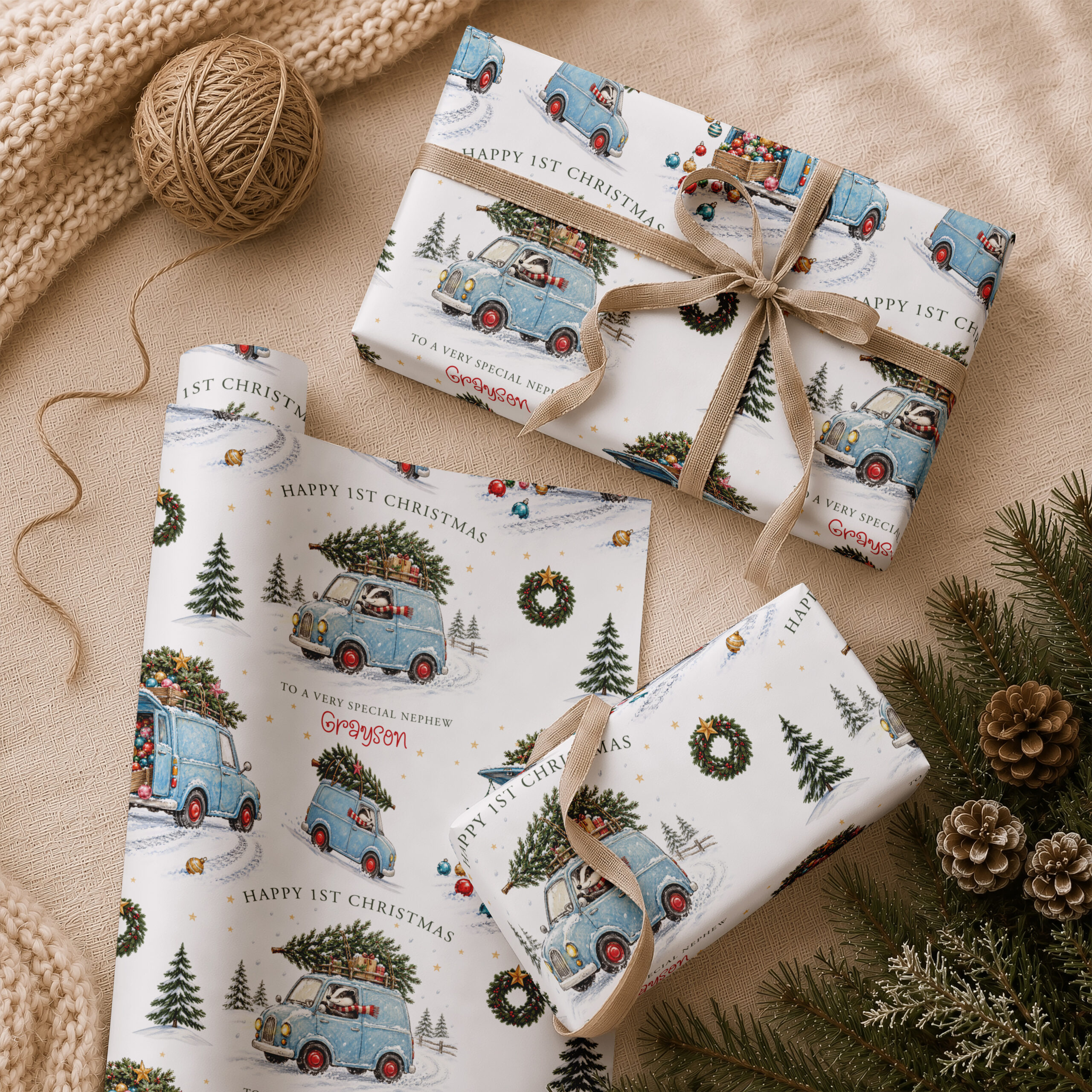 Personalised first Christmas gift wrap with blue van, badger and child’s name on wrapped present