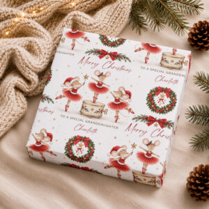 Personalised girls Christmas gift wrap with ballerina mice and festive wreaths