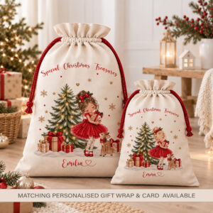 Personalised Girls Christmas Sack – Red Dress & Reindeer