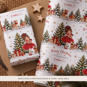 Personalised girls Christmas wrapping paper with festive girl in red dress, Christmas tree and reindeer