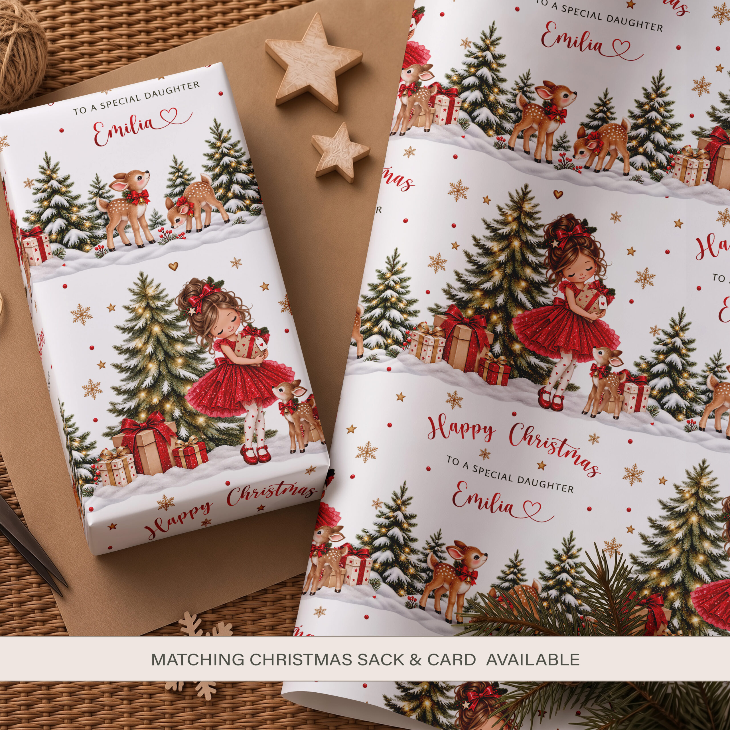 Personalised girls Christmas wrapping paper with festive girl in red dress, Christmas tree and reindeer