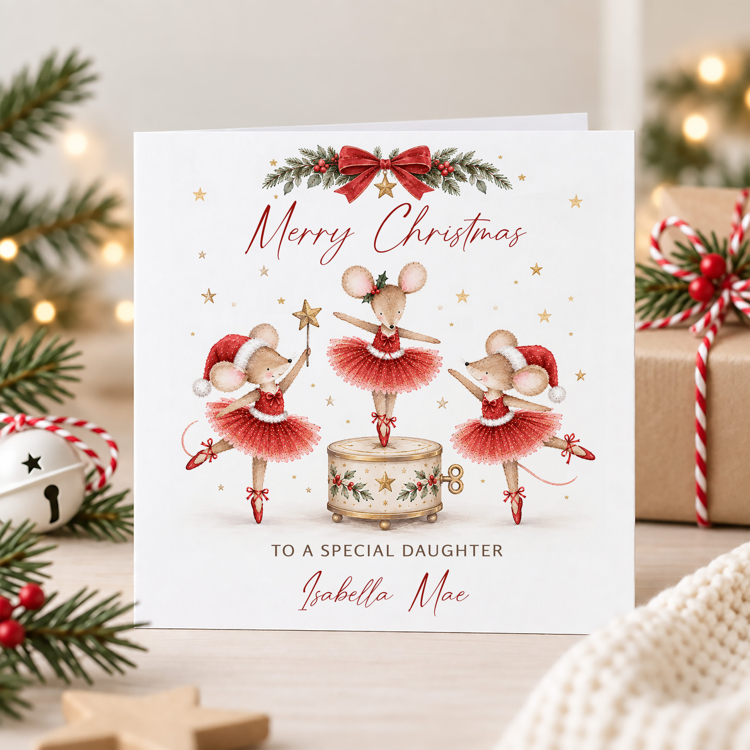 Personalised granddaughter Christmas card with festive ballerina mice