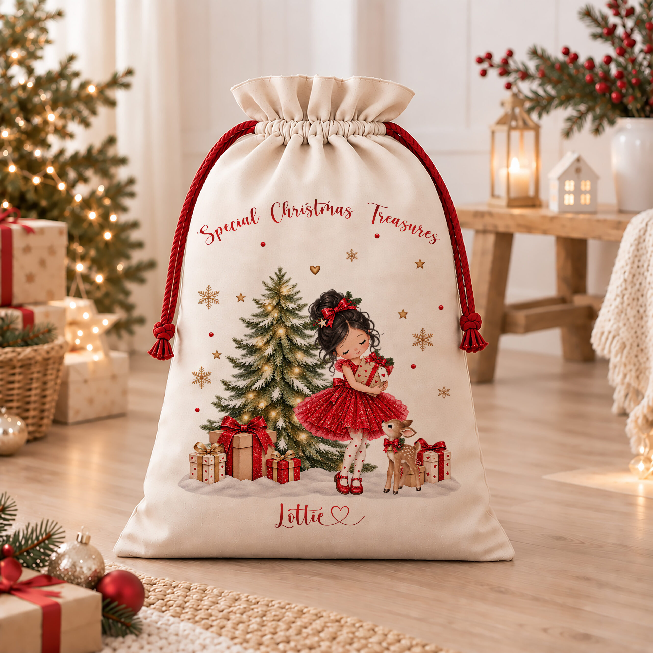 Large and small personalised linen Christmas sacks for girls with festive reindeer design