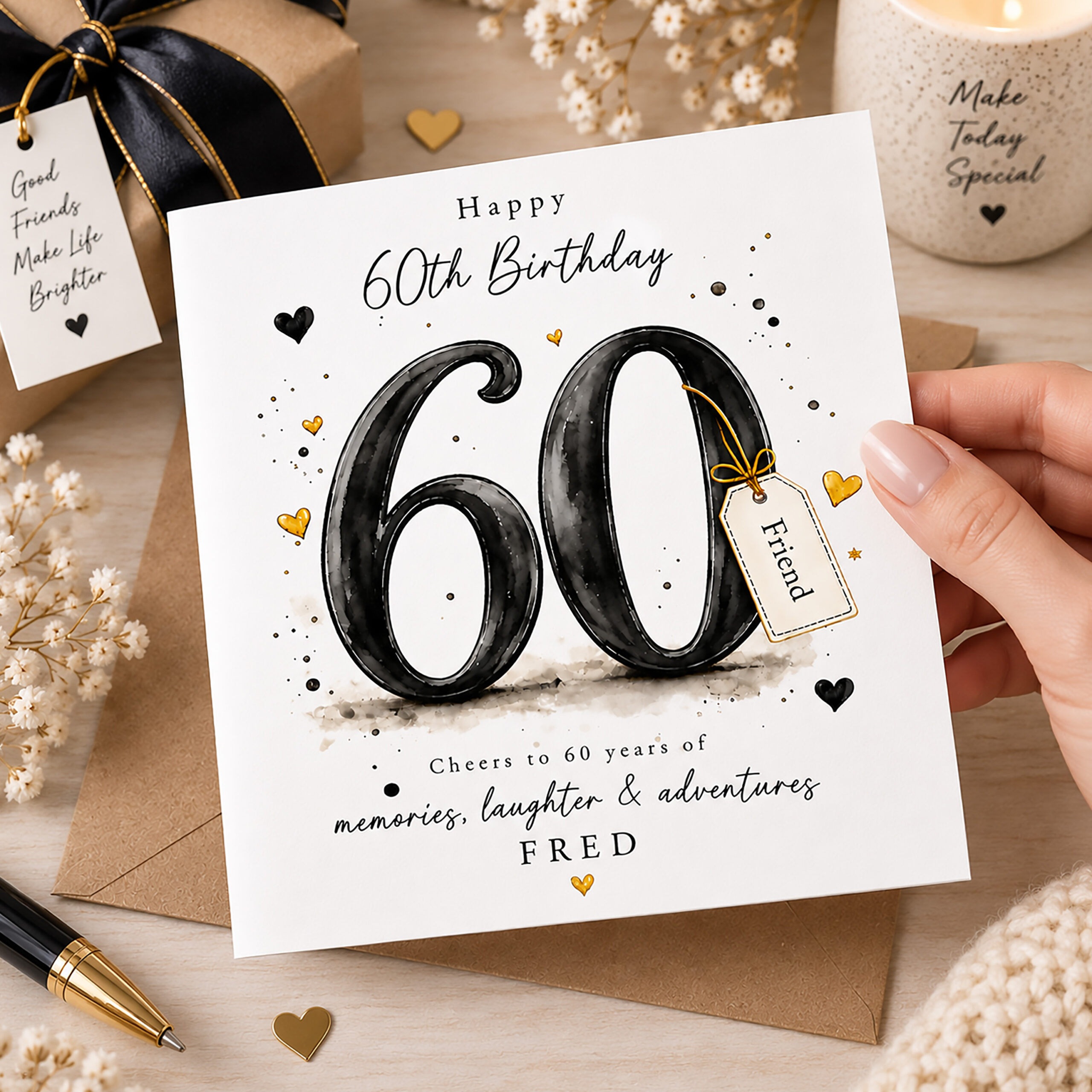 ersonalised 60th birthday card for him with large black number 60 and gold details