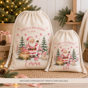Personalised pink Christmas Santa sacks with Santa, penguin and bunny design