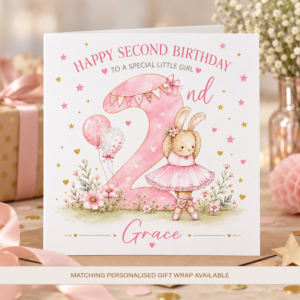 Personalised second birthday card for girl with pink number 2 and ballerina bunny