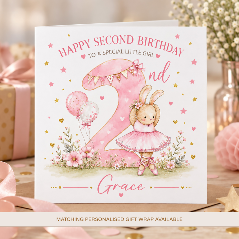 Personalised 2nd Birthday Card for Girl – Ballerina Bunny