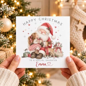 Personalised Christmas greeting card featuring traditional Santa Claus artwork, festive stars, hearts and Christmas presents