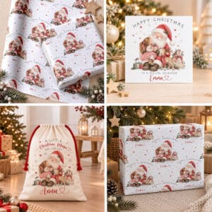 Personalised Santa Christmas wrapping paper, card and Christmas sack featuring a festive watercolour Santa illustration, Christmas gifts and decorative stars