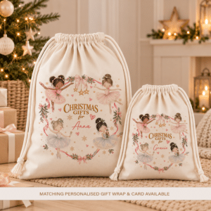Two personalised ballerina Christmas sacks in natural cream fabric, featuring four watercolour dancers in pastel tutus with festive pink bows and gold stars.