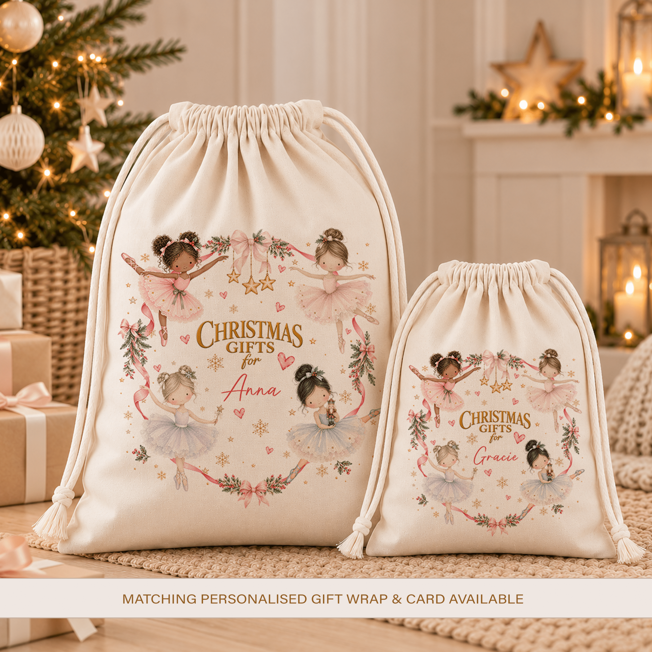 Two personalised ballerina Christmas sacks in natural cream fabric, featuring four watercolour dancers in pastel tutus with festive pink bows and gold stars.