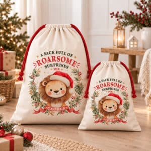 Personalised Christmas Santa sack with cute lion illustration, Christmas foliage, red ribbon and festive lettering.