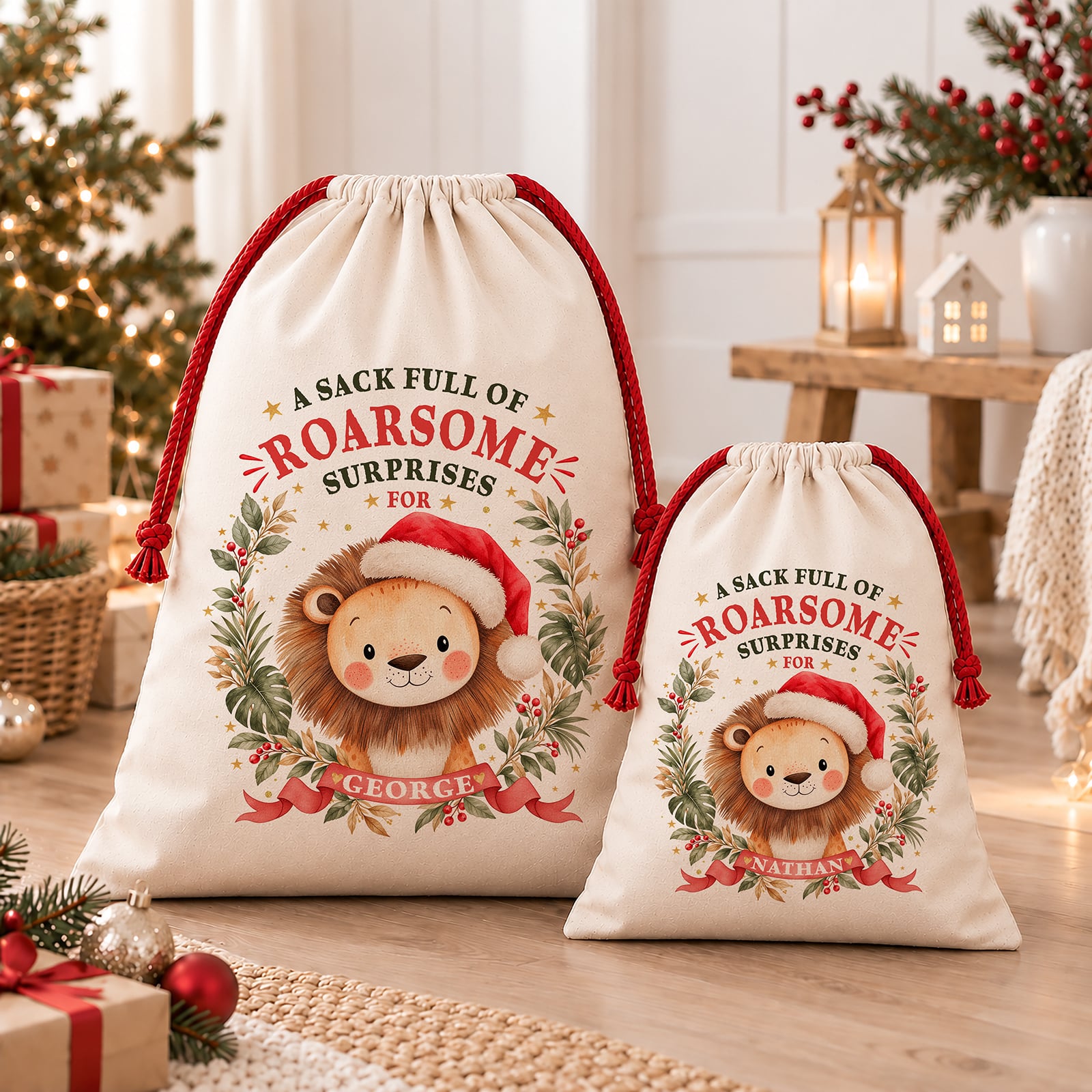 Personalised Christmas Santa sack with cute lion illustration, Christmas foliage, red ribbon and festive lettering.