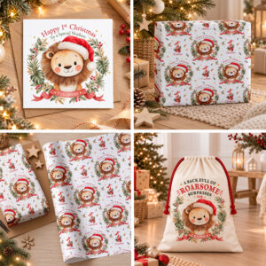 Cute lion 1st Christmas wrapping paper and Christmas Card with festive animal illustrations, Santa hats, Christmas berries and personalised ribbon details.