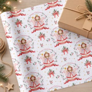Custom name Christmas wrapping paper with repeating fairy illustrations, red ribbon banners, botanical sprigs and gold stars.