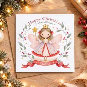 Nutcracker ballerina Christmas card featuring a fairy in a lavender ballet dress surrounded by holly berries, leaves and golden stars.