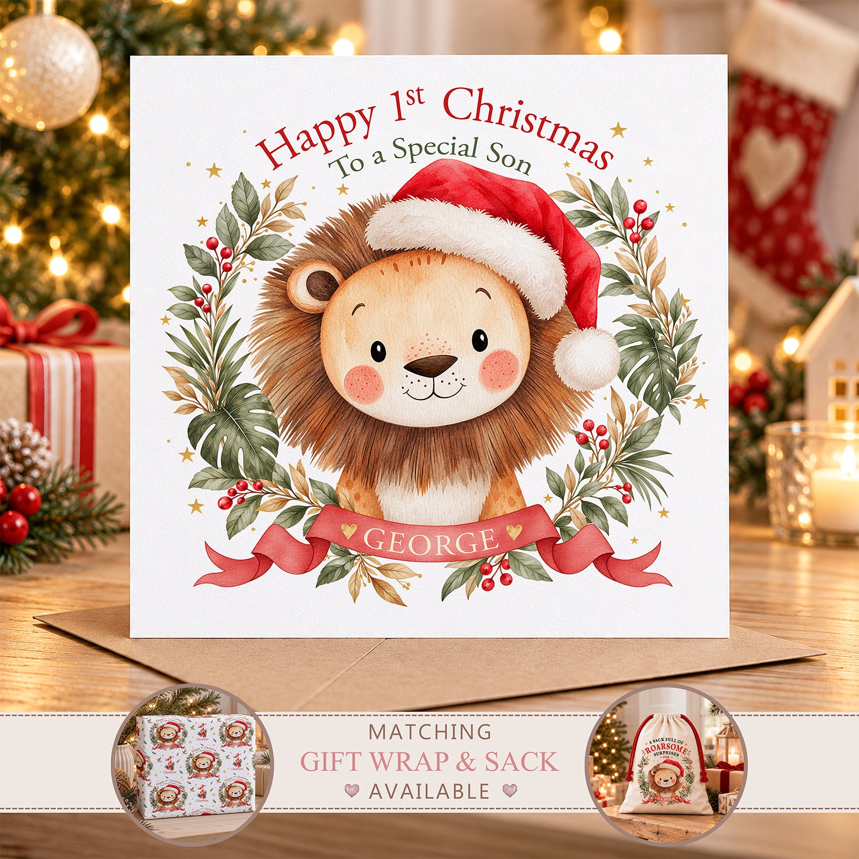 Personalised lion first Christmas card featuring a cute watercolour lion wearing a Santa hat with festive foliage and a red ribbon.