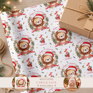 Personalised baby's first Christmas gift wrap with cute lion illustrations, festive red ribbons, gold stars and Christmas greenery.