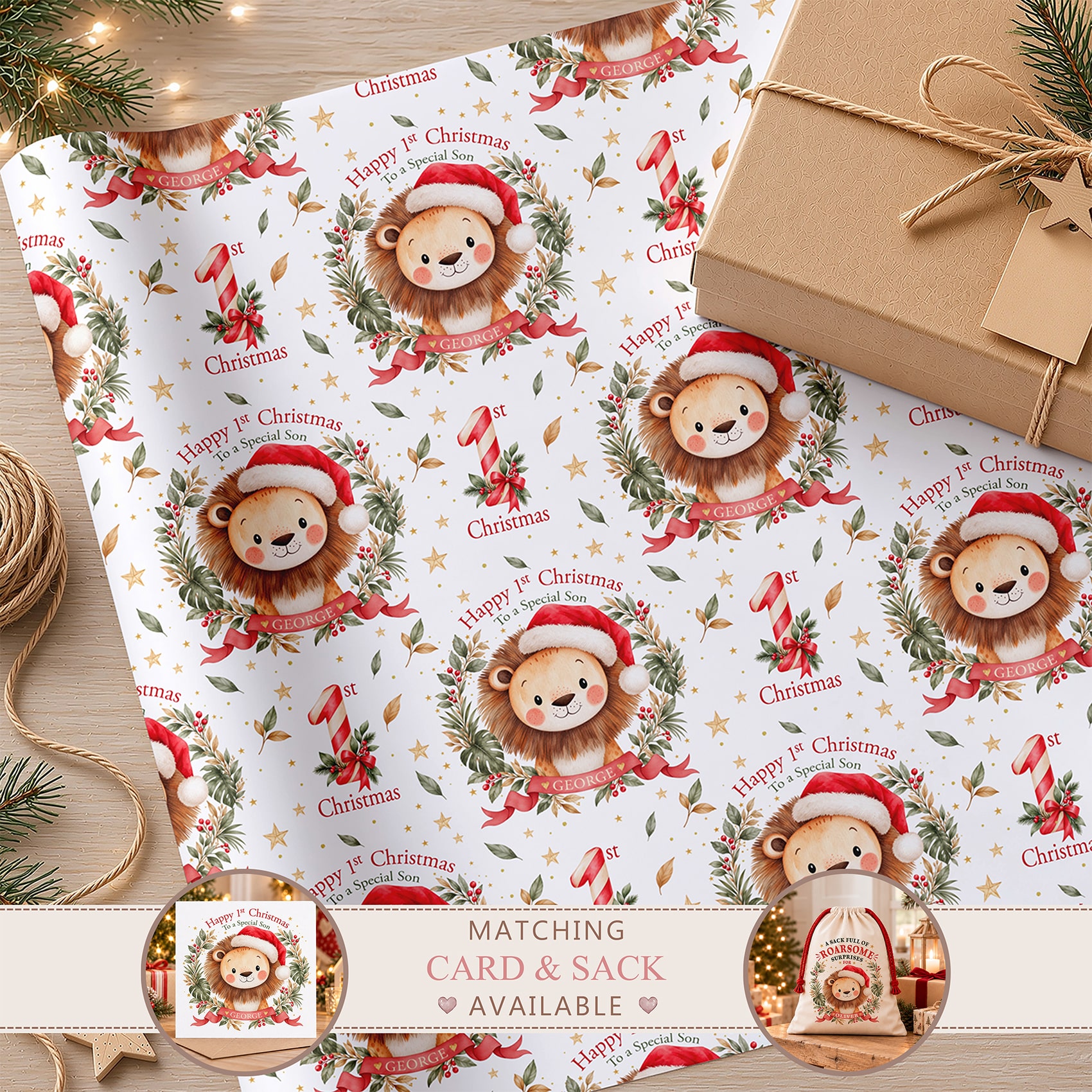 Personalised baby's first Christmas gift wrap with cute lion illustrations, festive red ribbons, gold stars and Christmas greenery.