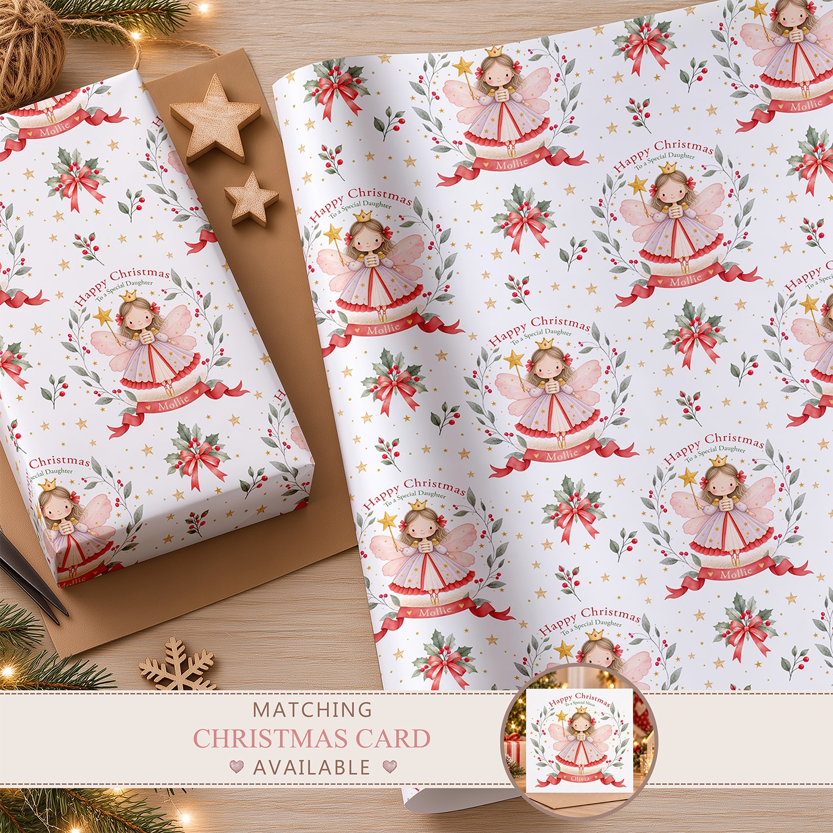 Personalised Christmas fairy wrapping paper featuring a pink and lavender Nutcracker fairy, festive greenery, red ribbons and gold stars.