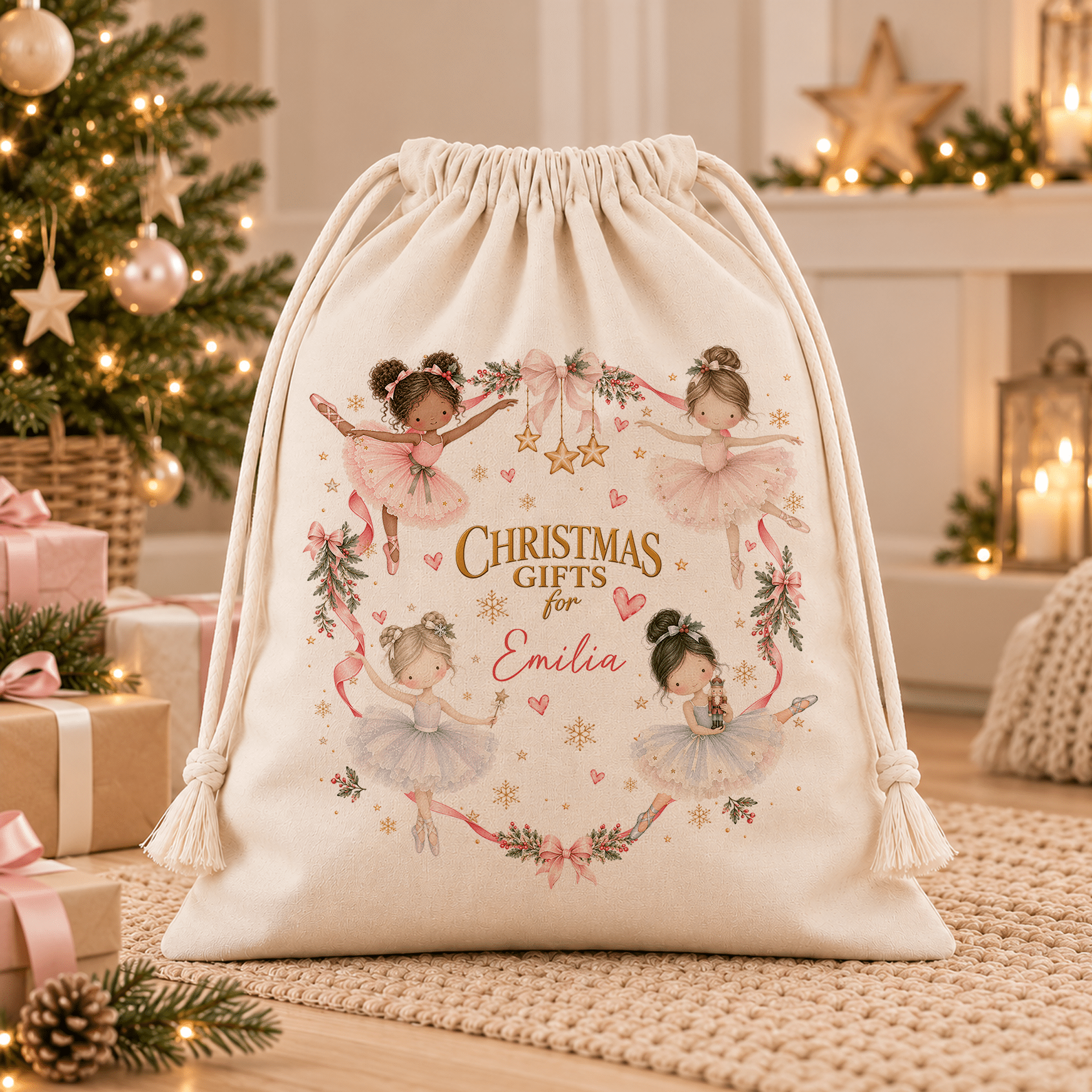 Large personalised Christmas gift sack with four ballerinas in pink, lilac and blue tutus, festive decorations and a custom name printed on natural cream fabric.