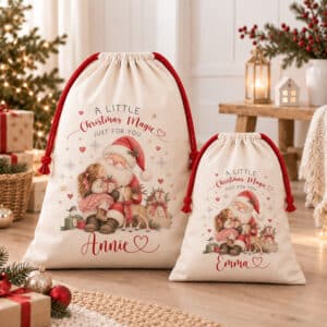 Personalised Christmas gift sack with traditional Santa illustration and festive red drawstring closure