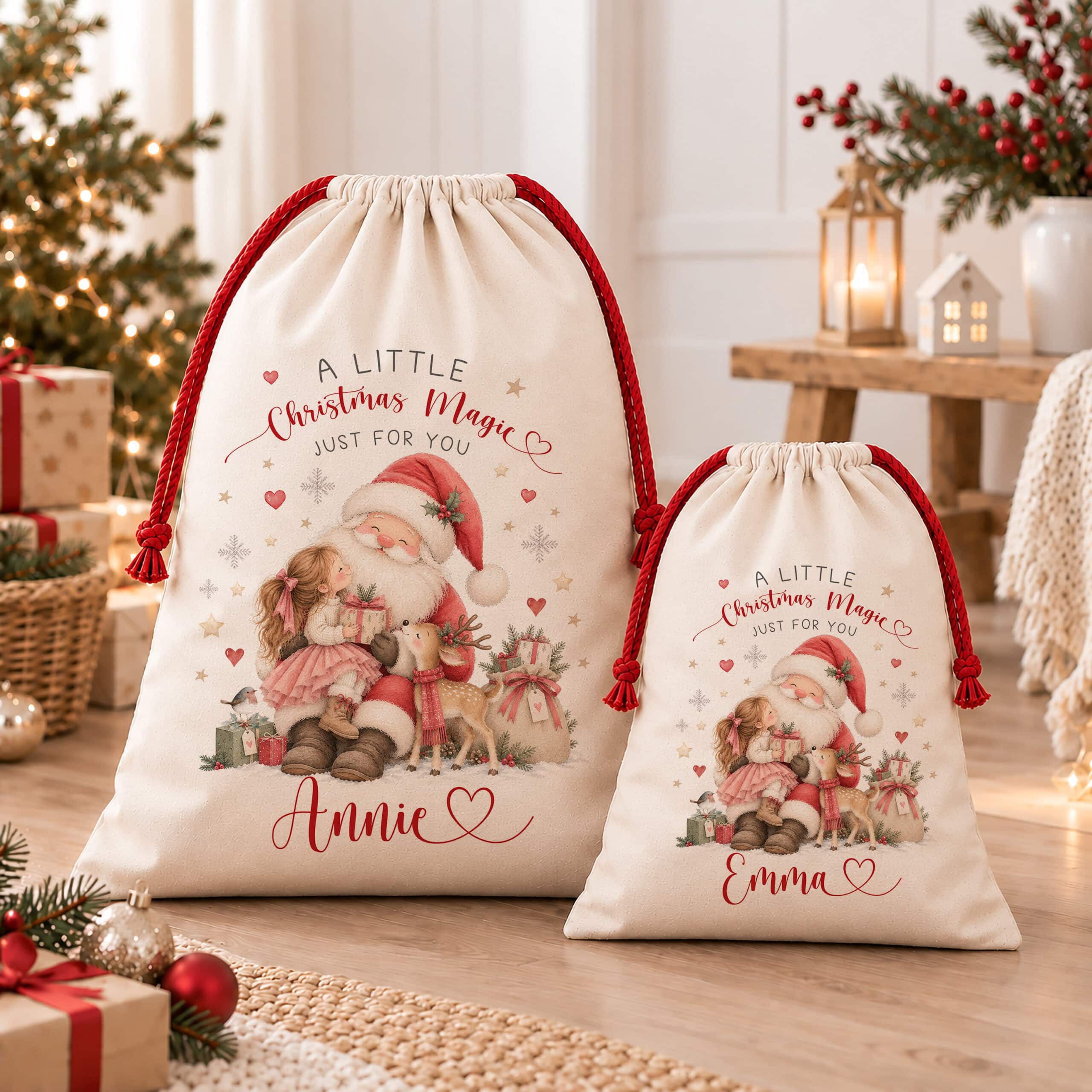 Personalised Christmas gift sack with traditional Santa illustration and festive red drawstring closure