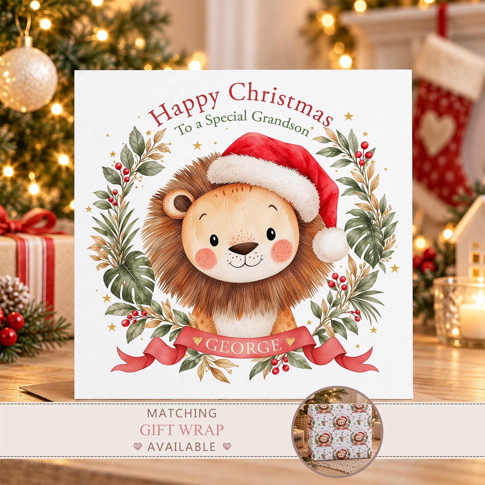 Personalised Christmas card featuring a cute watercolour lion wearing a Santa hat, surrounded by festive safari foliage and a red ribbon.