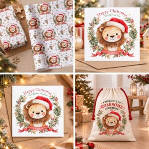 Personalised lion Christmas sack, gift wrap and card featuring a cute lion wearing a Santa hat, festive greenery and red drawstring cords.