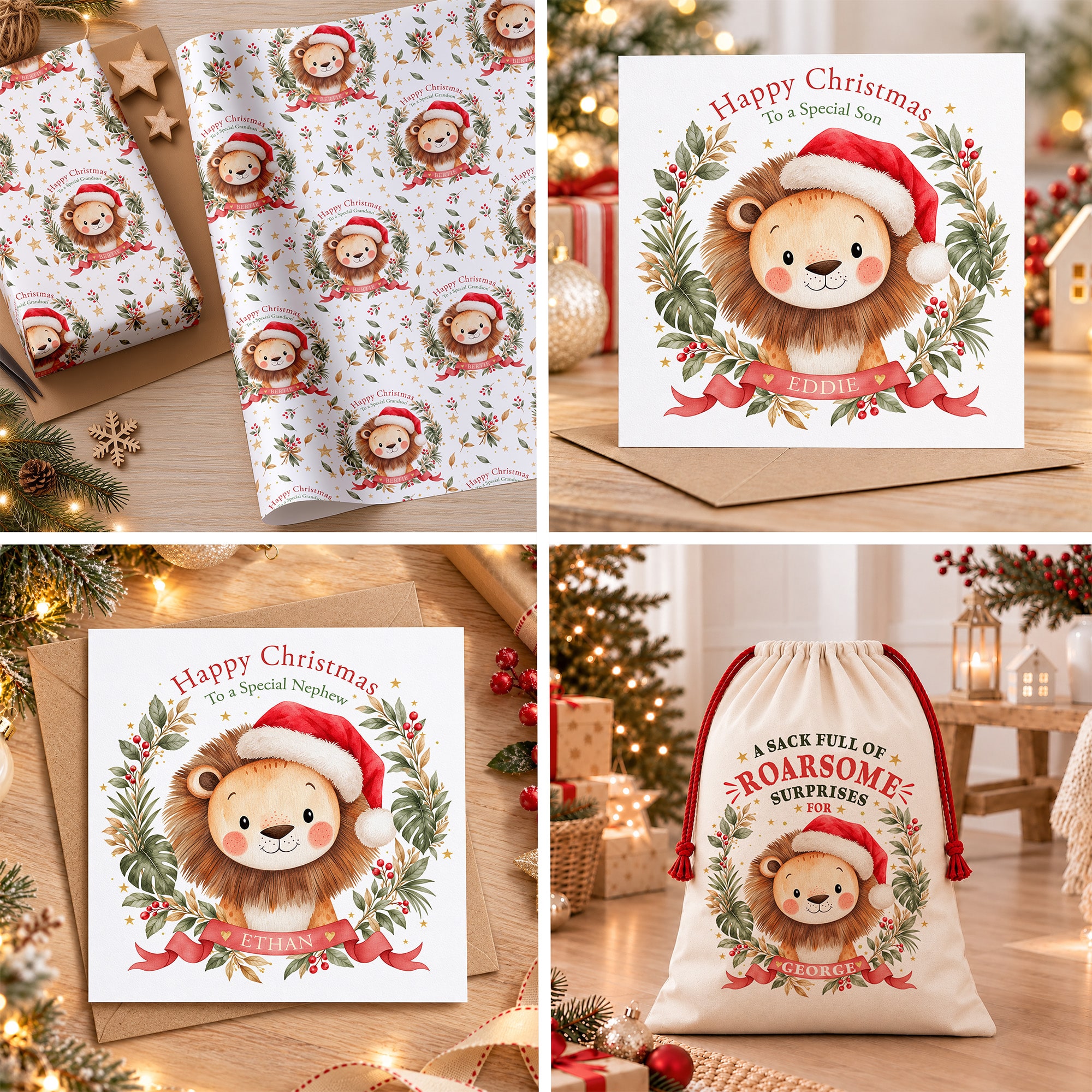 Personalised lion Christmas sack, gift wrap and card featuring a cute lion wearing a Santa hat, festive greenery and red drawstring cords.