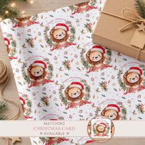 Children's Christmas wrapping paper with smiling watercolour lions, Christmas greenery, gold stars and festive red Santa hats.
