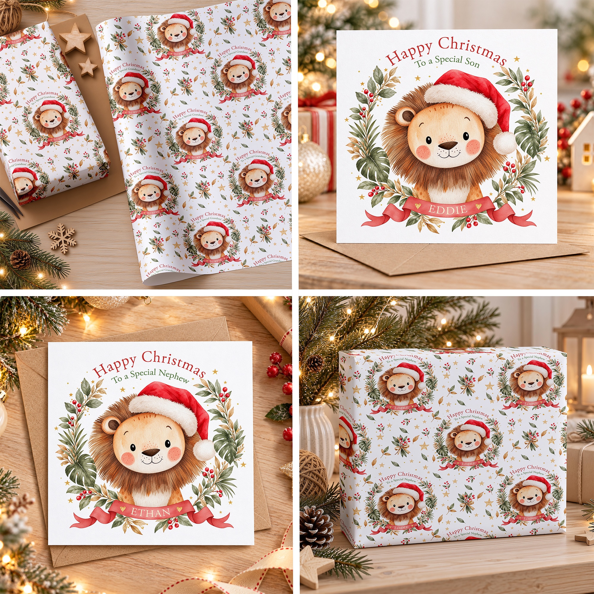 Safari animal Christmas gift wrap featuring adorable lions in Santa hats with tropical greenery, festive berries and golden stars.