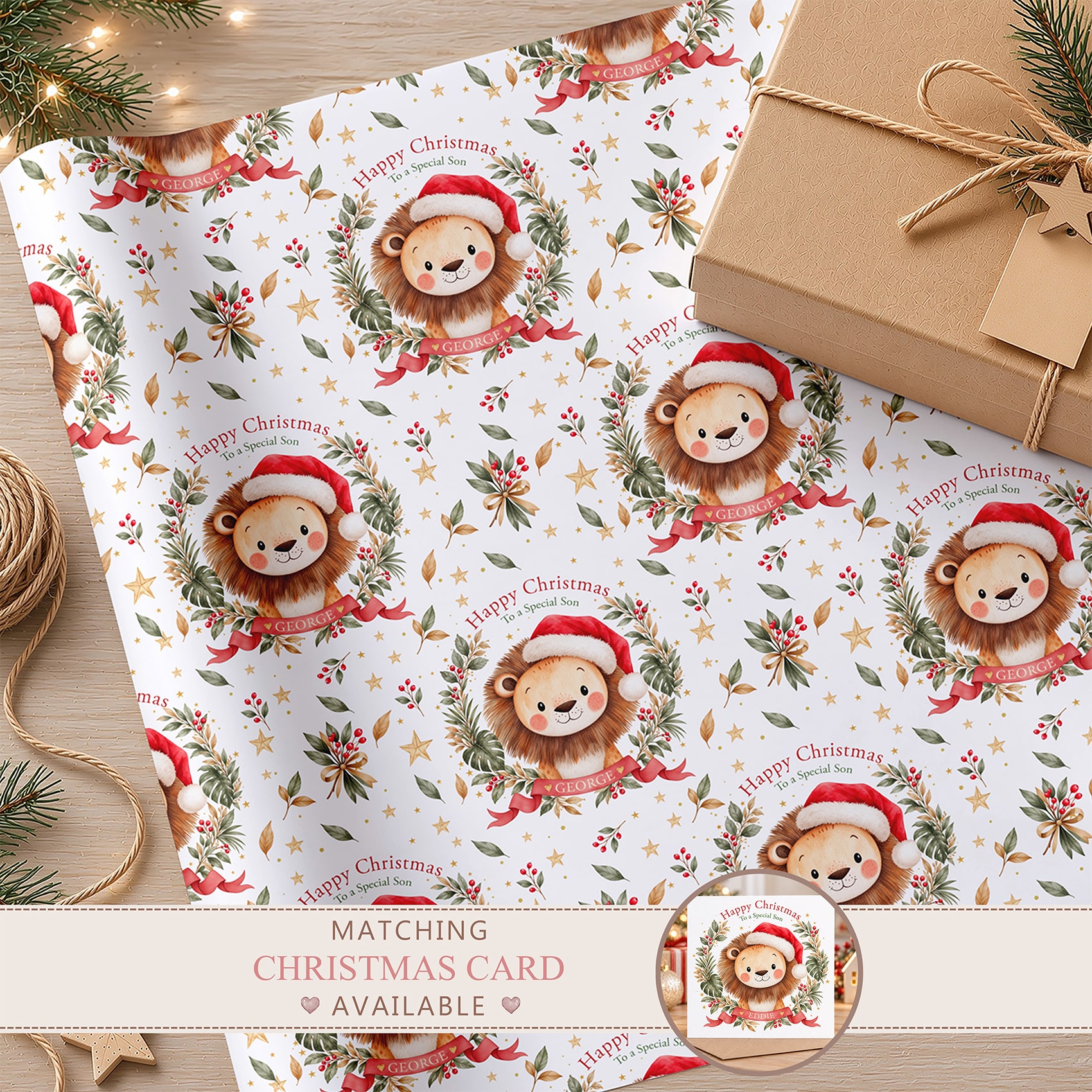 Children's Christmas wrapping paper with smiling watercolour lions, Christmas greenery, gold stars and festive red Santa hats.