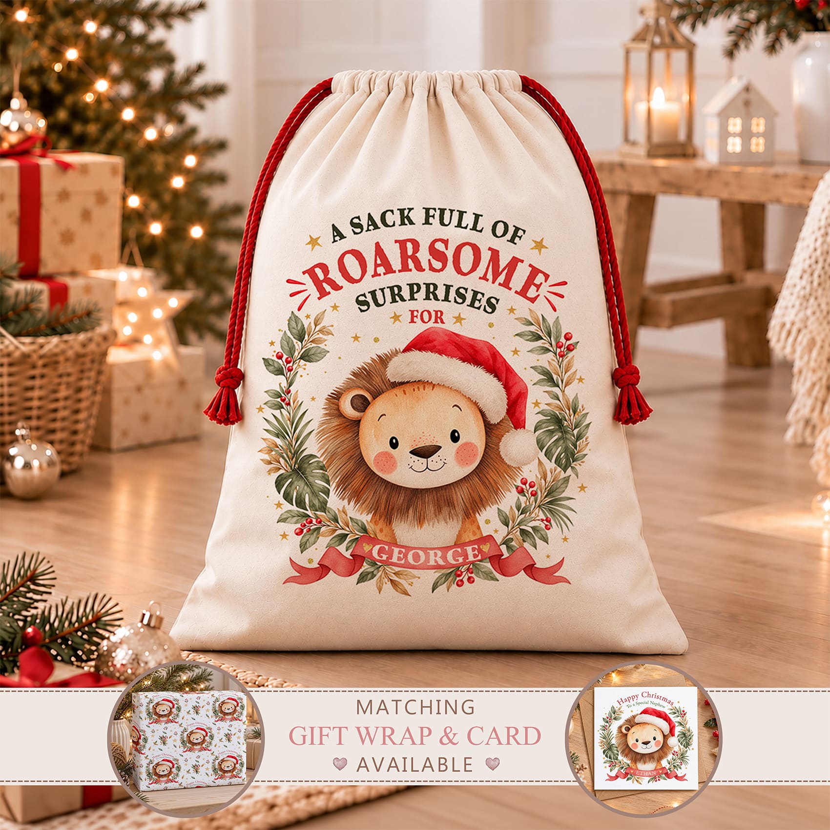 Personalised lion Christmas sack featuring a cute lion wearing a Santa hat, festive greenery and red drawstring cords.