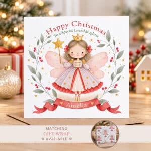 Personalised Nutcracker fairy Christmas card featuring a watercolour fairy with pink wings, lavender dress and festive greenery.