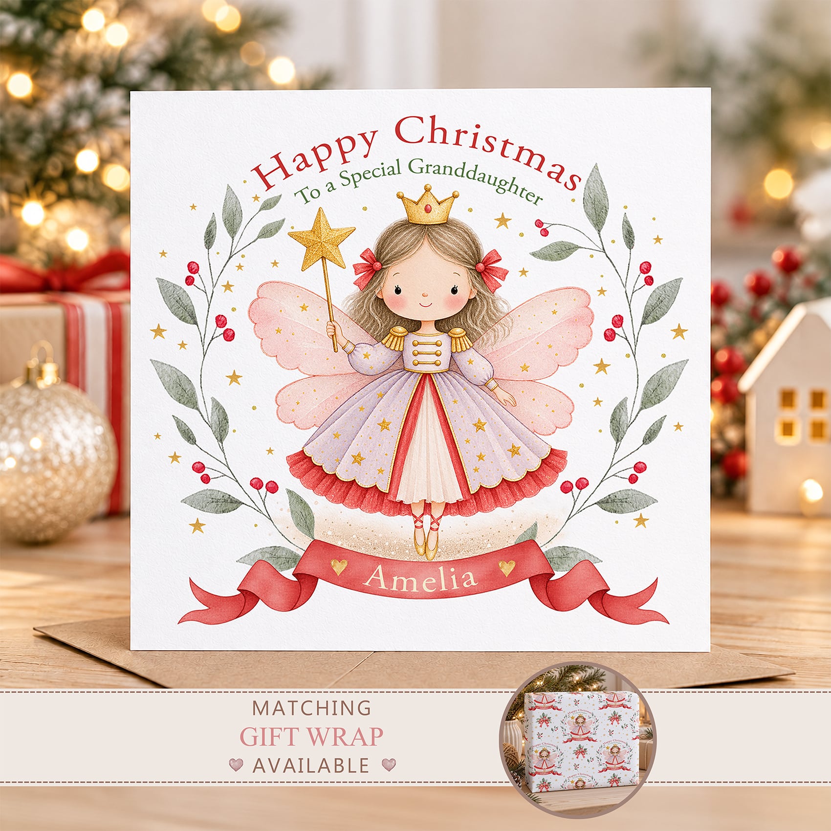Personalised Nutcracker fairy Christmas card featuring a watercolour fairy with pink wings, lavender dress and festive greenery.