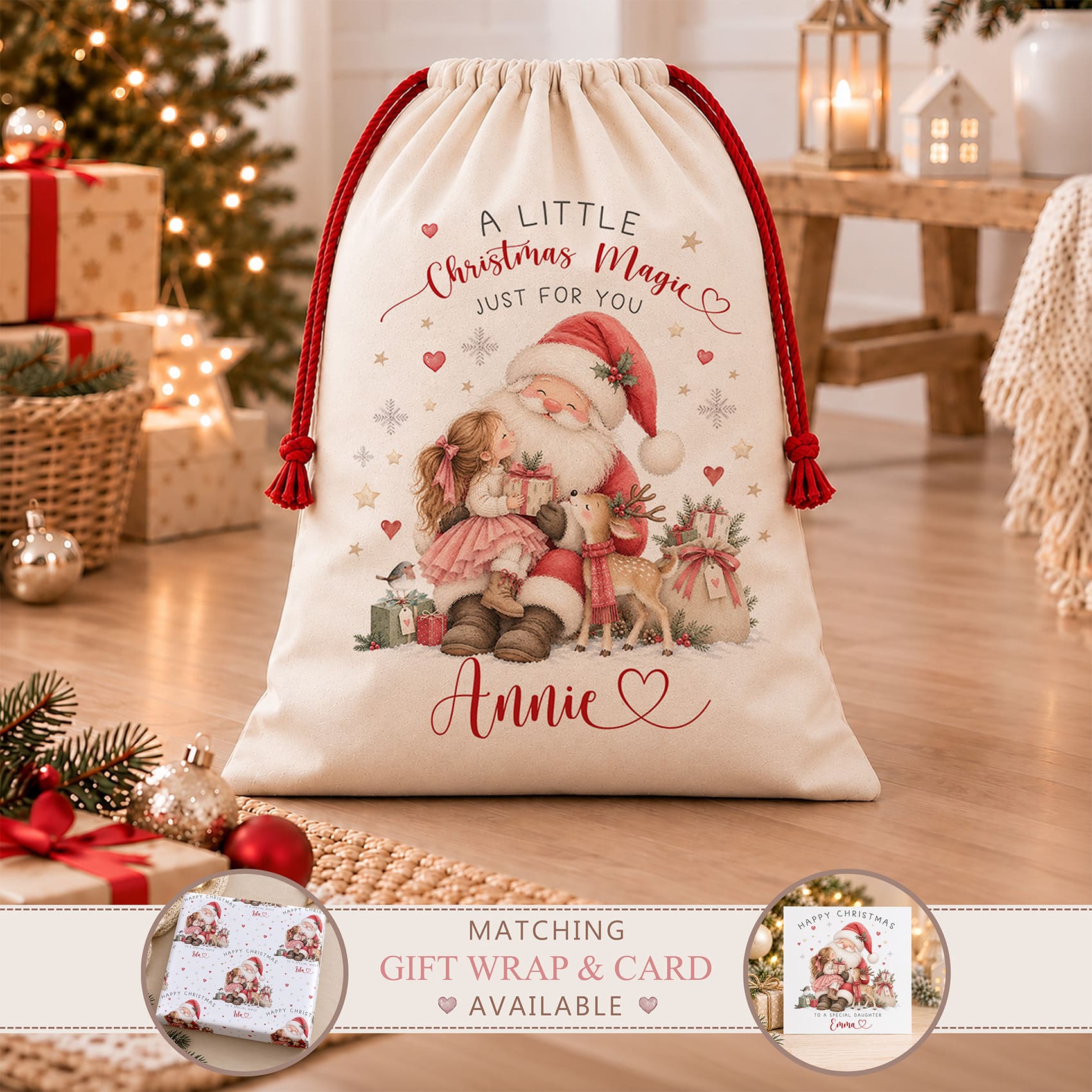 Personalised Santa Christmas sack with festive illustration, red drawstrings and Christmas gifts