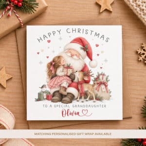 Personalised Father Christmas card featuring a beautiful watercolour Santa Claus illustration with festive gifts and reindeer