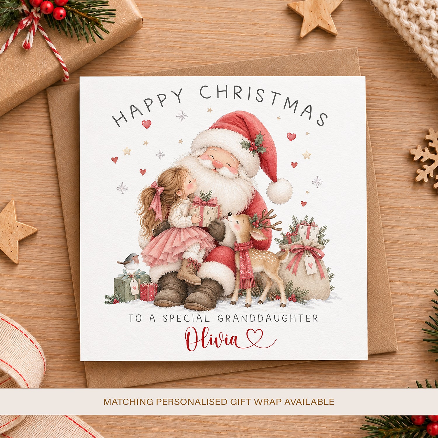 Personalised Father Christmas card featuring a beautiful watercolour Santa Claus illustration with festive gifts and reindeer