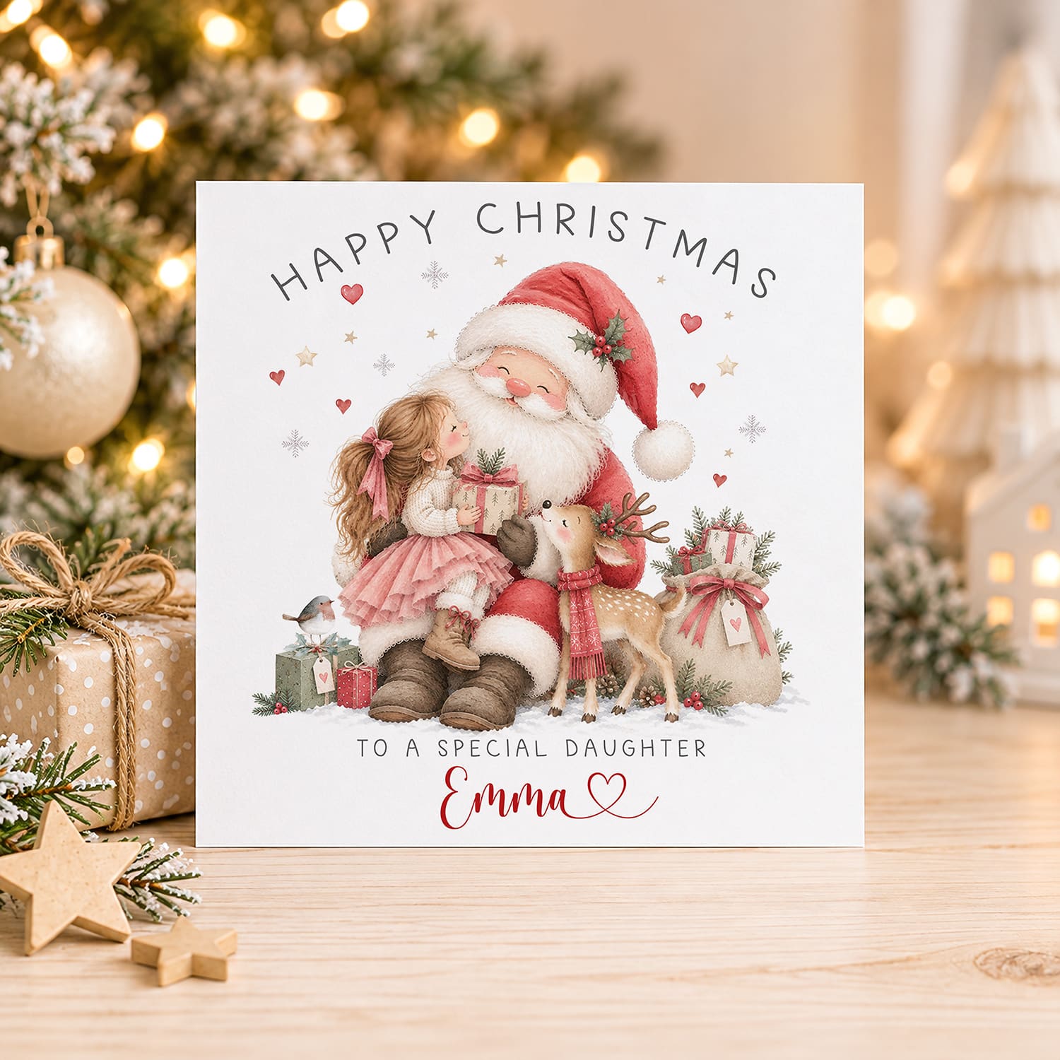 Luxury Father Christmas card with watercolour Santa illustration, festive reindeer and decorative Christmas details