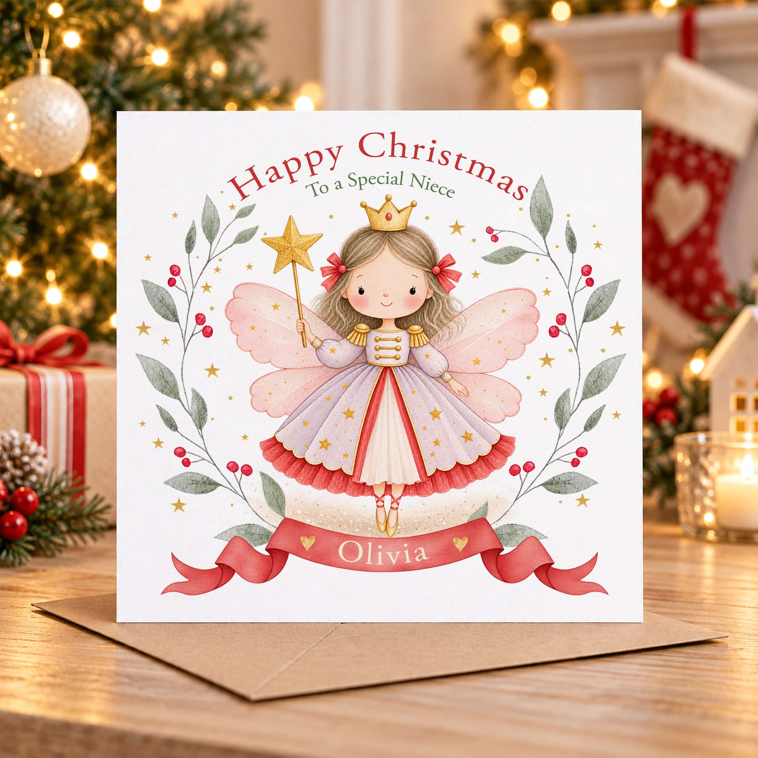 Watercolour fairy Christmas greeting card with a golden crown, star wand, pink wings and delicate festive botanical illustrations.